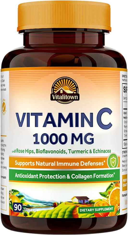 Vitamin C Complex 1000Mg with Rose HIPS, Bioflavonoids, Turmeric & Echinacea, Daily Immune Support, Collagen Booster & Powerful Antioxidant, Vegan, 90 Tablets