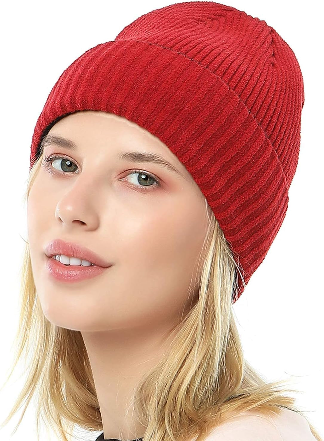 Beanies Hat for Women Men Winter Warm Knit Cuffed Hat Soft Slouchy Reversible Smile Striped Beanie Cap