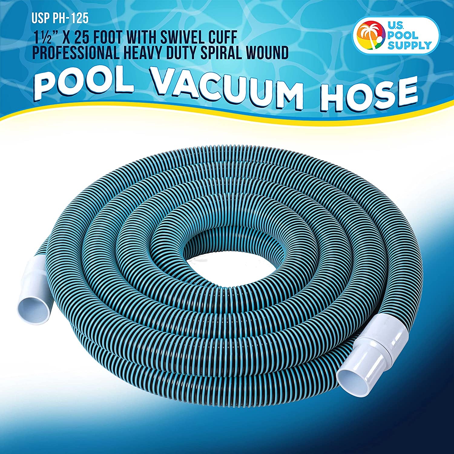 1-1/2" X 25 Foot Professional Heavy Duty Spiral Wound Swimming Pool Vacuum Hose with Kink-Free Swivel Cuff, Flexible - Connect to Vacuum Heads, Skimmer, Filter Pump Inlet, Accessories