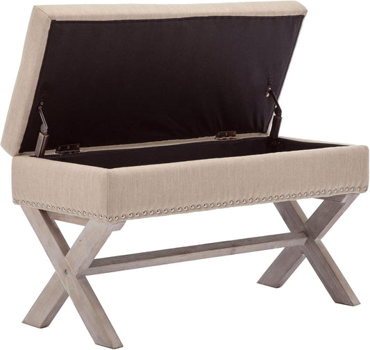 Entryway Bench with Storage Fabric Upholstered Ottoman Stool End of Bed Seat for Living Room Bedroom Nailhead, Beige