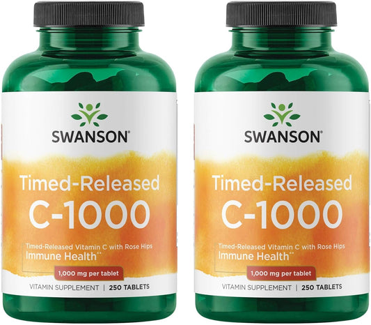 Timed-Release Vitamin C with Rose HIPS Immune System Support Skin Cardiovascular Health Antioxidant Supplement 1000 Mg 250 Tablets(2 Pack)