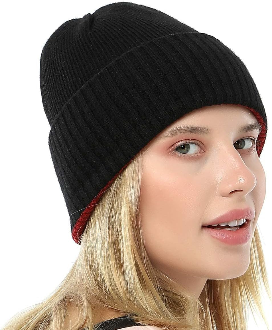 Beanies Hat for Women Men Winter Warm Knit Cuffed Hat Soft Slouchy Reversible Smile Striped Beanie Cap