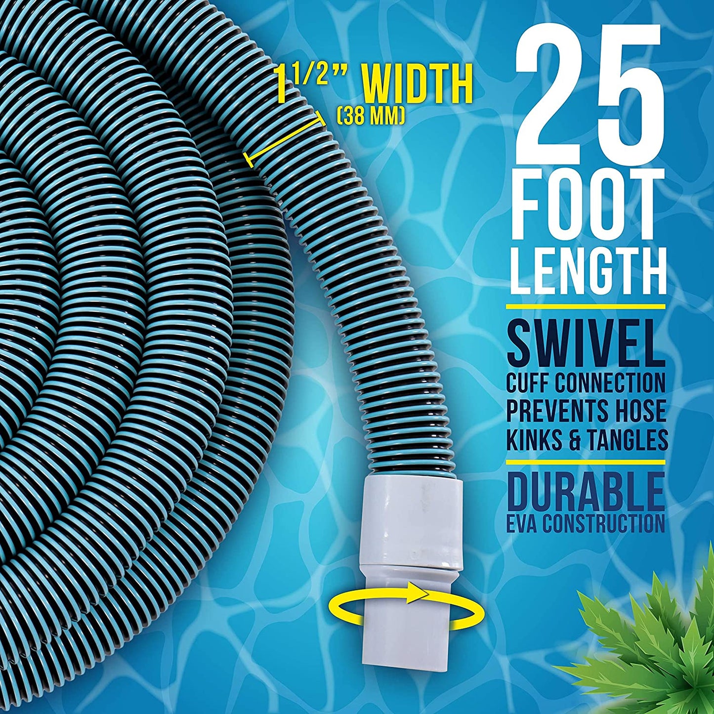 1-1/2" X 25 Foot Professional Heavy Duty Spiral Wound Swimming Pool Vacuum Hose with Kink-Free Swivel Cuff, Flexible - Connect to Vacuum Heads, Skimmer, Filter Pump Inlet, Accessories