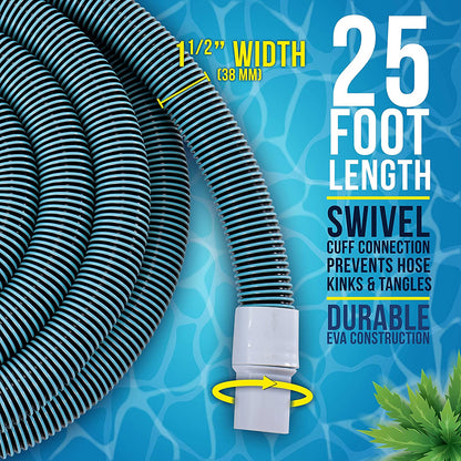 1-1/2" X 25 Foot Professional Heavy Duty Spiral Wound Swimming Pool Vacuum Hose with Kink-Free Swivel Cuff, Flexible - Connect to Vacuum Heads, Skimmer, Filter Pump Inlet, Accessories