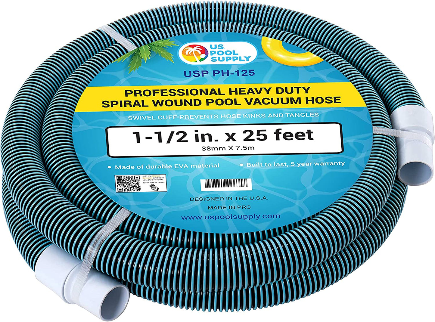 1-1/2" X 25 Foot Professional Heavy Duty Spiral Wound Swimming Pool Vacuum Hose with Kink-Free Swivel Cuff, Flexible - Connect to Vacuum Heads, Skimmer, Filter Pump Inlet, Accessories