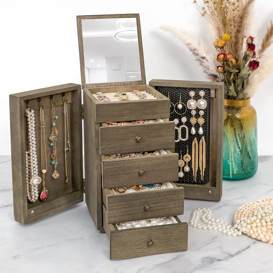 Jewelry Box Wood for Women, 5-Layer Large Organizer Box with Mirror & 4 Drawers for Rings, Earrings, Necklaces, Vintage Style, Weathered Grey